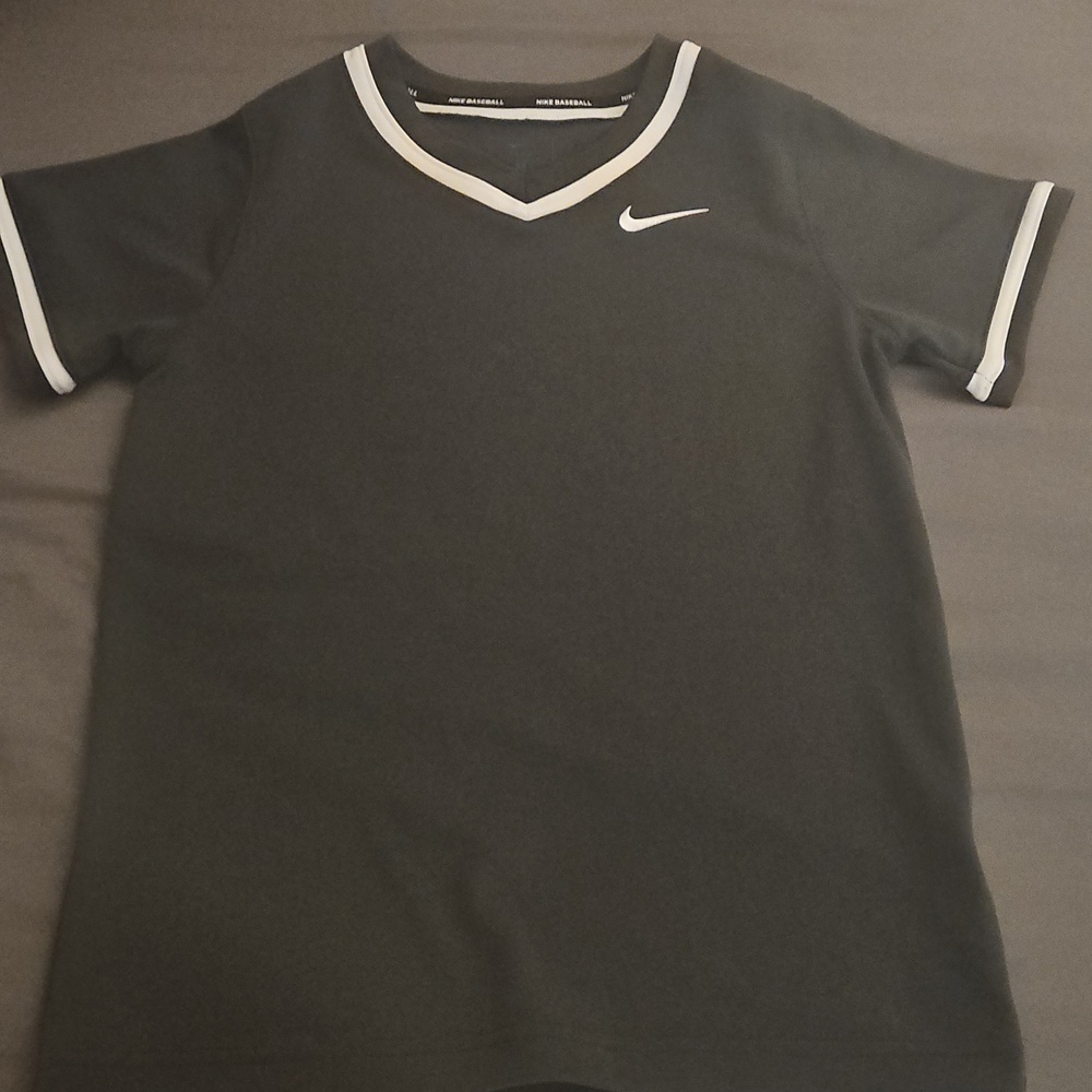 Nike Black V-Neck Athletic Tee with White Trim and Swoosh